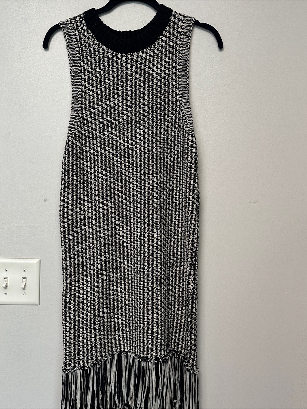 Sans Souci Black & White Knit Midi Dress with Fringe Hem
